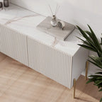 Meuble TV console Art Déco avec portes à ouverture par pression et pieds en métal doré – Beige et blanc – Convient aux téléviseurs jusqu'à 65 pouces
