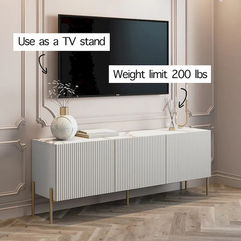 Art Deco TV Stand Console with Push-to-Open Doors & Gold Metal Legs – Beige & White – Fits TVs up to 65"