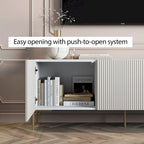 Meuble TV console Art Déco avec portes à ouverture par pression et pieds en métal doré – Beige et blanc – Convient aux téléviseurs jusqu'à 65 pouces
