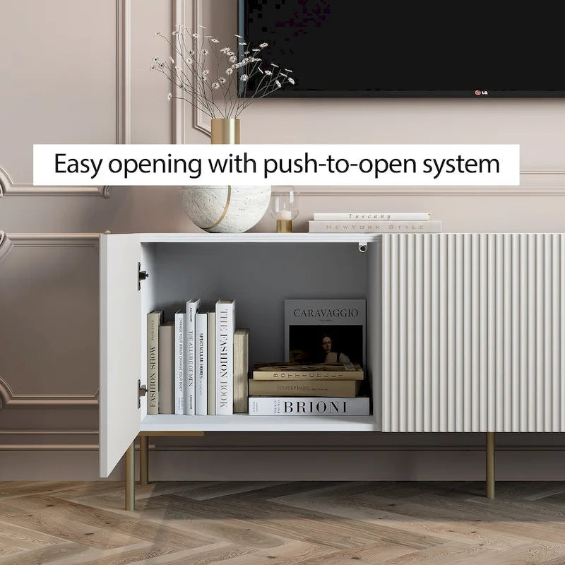 Art Deco TV Stand Console with Push-to-Open Doors & Gold Metal Legs – Beige & White – Fits TVs up to 65"