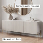 Meuble TV console Art Déco avec portes à ouverture par pression et pieds en métal doré – Beige et blanc – Convient aux téléviseurs jusqu'à 65 pouces