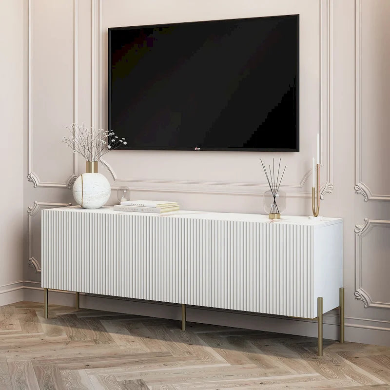 Meuble TV console Art Déco avec portes à ouverture par pression et pieds en métal doré – Beige et blanc – Convient aux téléviseurs jusqu'à 65 pouces