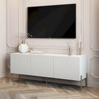 Meuble TV console Art Déco avec portes à ouverture par pression et pieds en métal doré – Beige et blanc – Convient aux téléviseurs jusqu'à 65 pouces