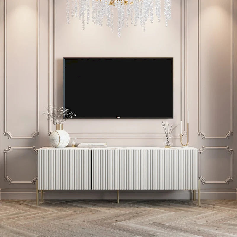Meuble TV console Art Déco avec portes à ouverture par pression et pieds en métal doré – Beige et blanc – Convient aux téléviseurs jusqu'à 65 pouces
