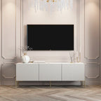Meuble TV console Art Déco avec portes à ouverture par pression et pieds en métal doré – Beige et blanc – Convient aux téléviseurs jusqu'à 65 pouces