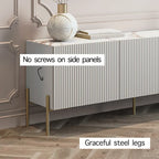 Meuble TV console Art Déco avec portes à ouverture par pression et pieds en métal doré – Beige et blanc – Convient aux téléviseurs jusqu'à 65 pouces