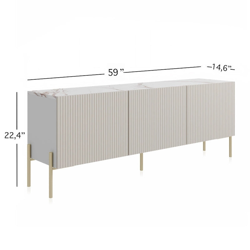 Meuble TV console Art Déco avec portes à ouverture par pression et pieds en métal doré – Beige et blanc – Convient aux téléviseurs jusqu'à 65 pouces