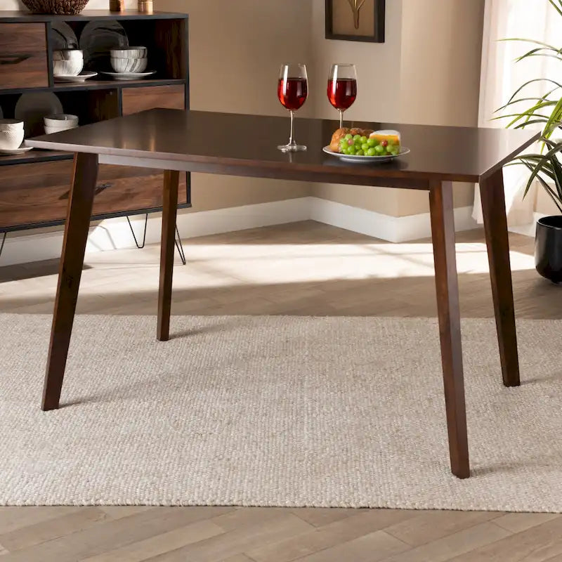 Table à manger rectangulaire en bois d'hévéa de style Mid-Century avec pieds évasés – Noyer – 4 places