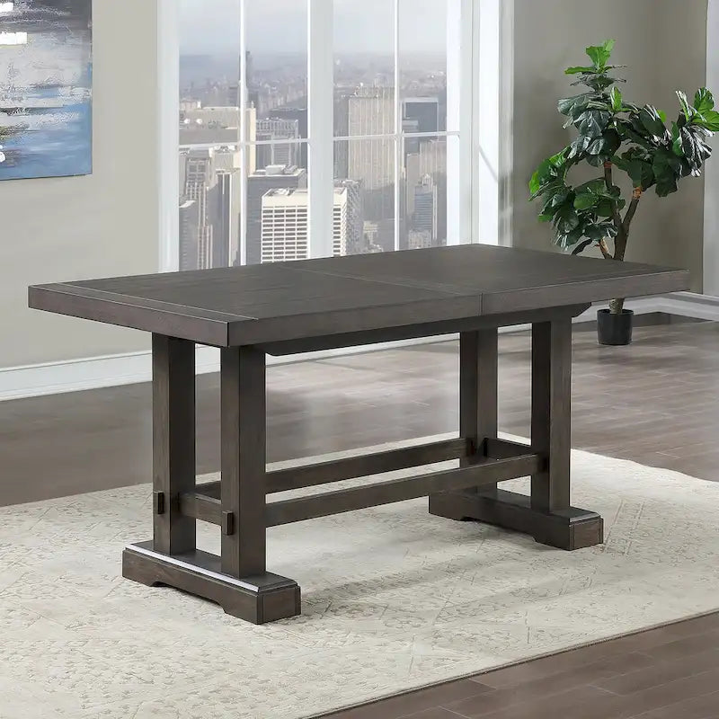 Farmhouse Counter Height Dining Table with Trestle Base & 2 Leaves – Dusky Cedar – Seats up to 10