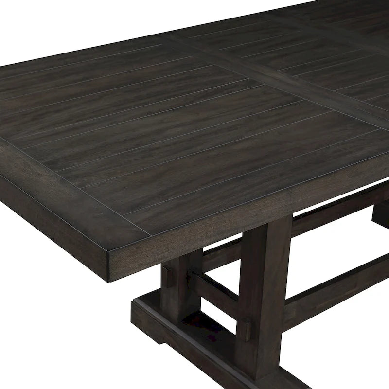 Table à manger hauteur comptoir de style rustique avec base tréteau et 2 rallonges – Cèdre foncé – 10 places