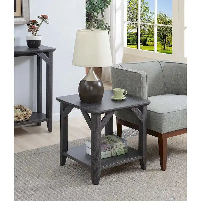 Table d'appoint à 2 niveaux avec étagère – Gris vieilli / Bois flotté / Blanc / Noir