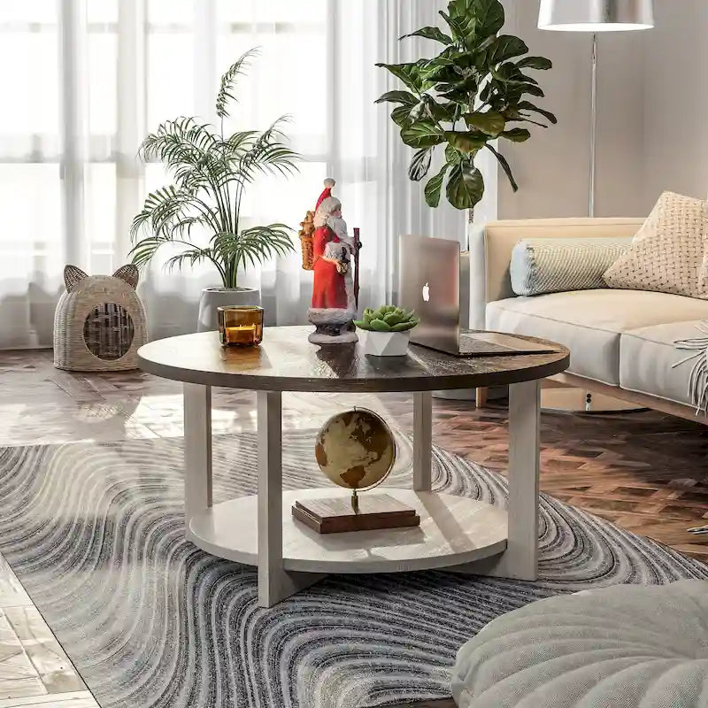Round Coffee Table / End Table with Storage Shelf – Brown & White / Antique Grey