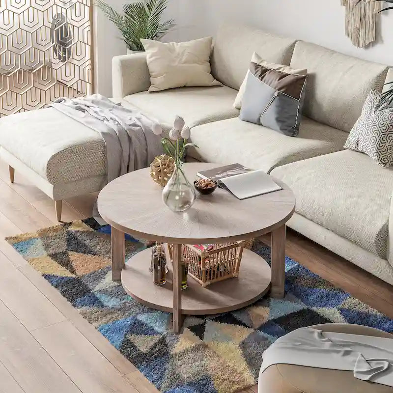 Round Coffee Table / End Table with Storage Shelf – Brown & White / Antique Grey