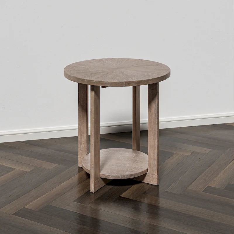 Round Coffee Table / End Table with Storage Shelf – Brown & White / Antique Grey