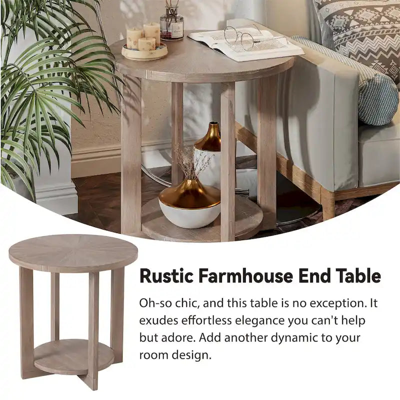 Round Coffee Table / End Table with Storage Shelf – Brown & White / Antique Grey