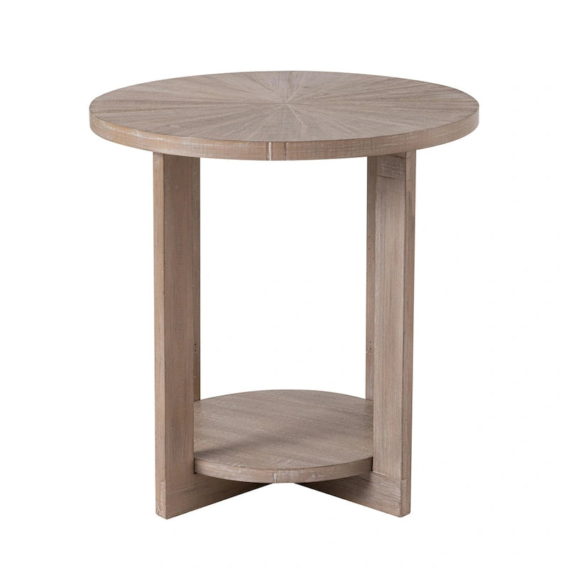 Round Coffee Table / End Table with Storage Shelf – Brown & White / Antique Grey