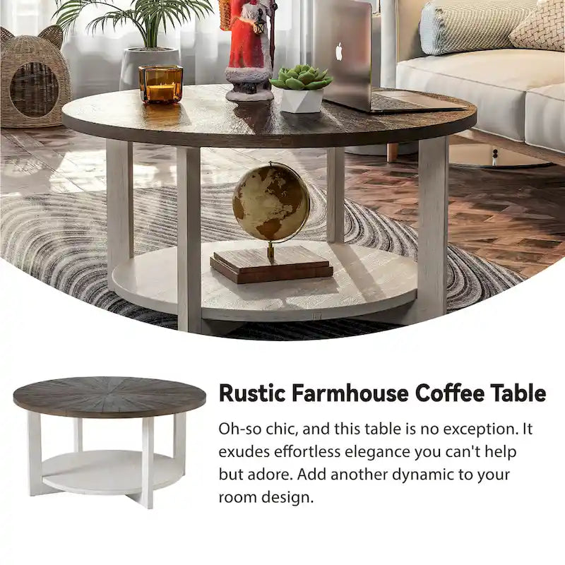 Table basse ronde / Table d'appoint avec étagère de rangement – Marron et blanc / Gris antique