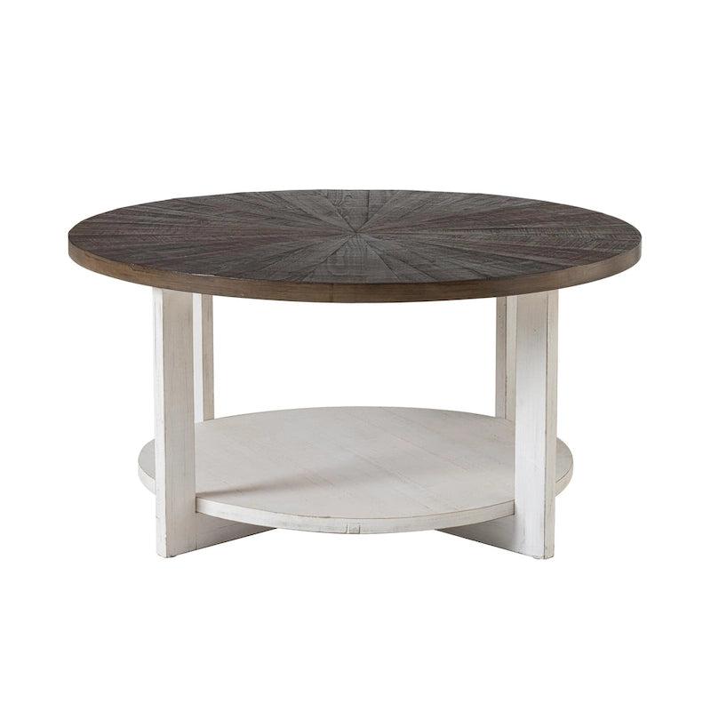 Table basse ronde / Table d'appoint avec étagère de rangement – Marron et blanc / Gris antique