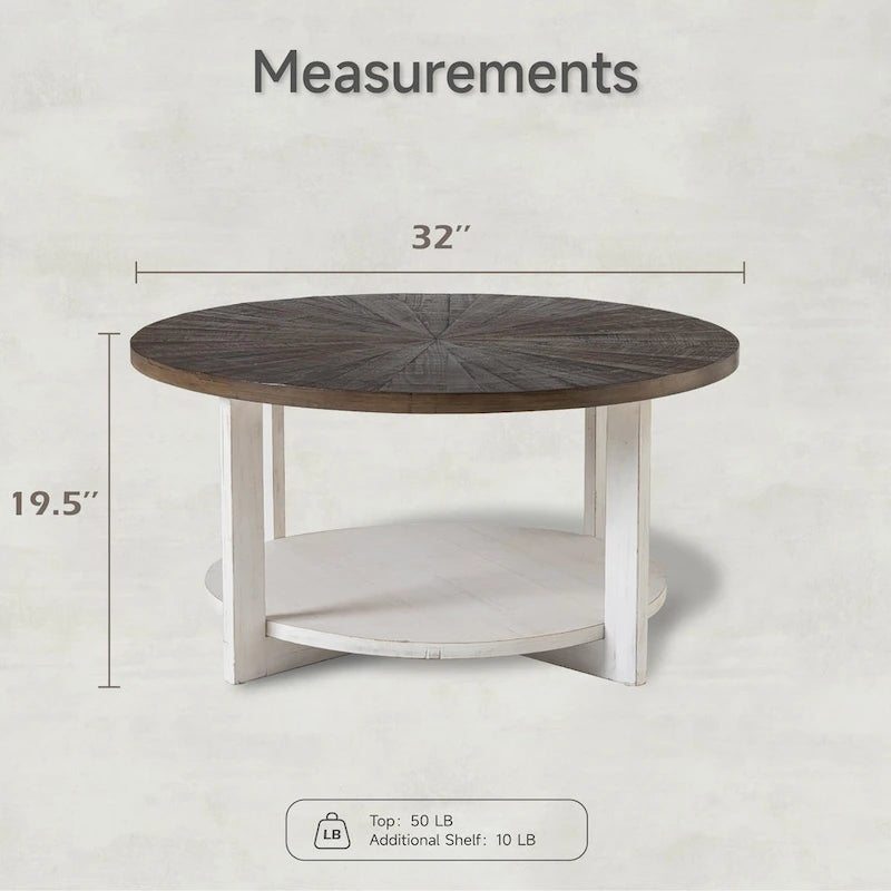 Table basse ronde / Table d'appoint avec étagère de rangement – Marron et blanc / Gris antique