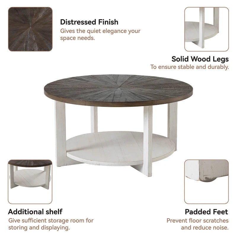 Table basse ronde / Table d'appoint avec étagère de rangement – Marron et blanc / Gris antique
