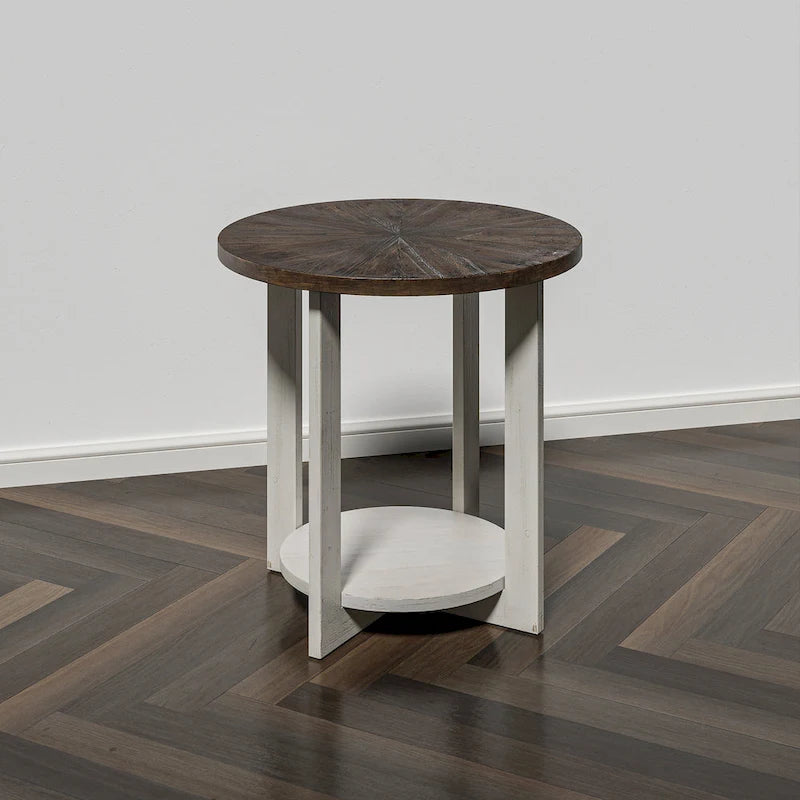 Table basse ronde / Table d'appoint avec étagère de rangement – Marron et blanc / Gris antique