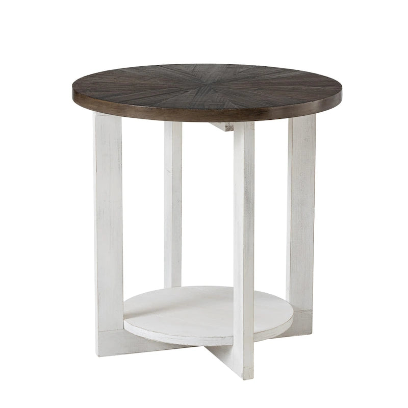 Table basse ronde / Table d'appoint avec étagère de rangement – Marron et blanc / Gris antique