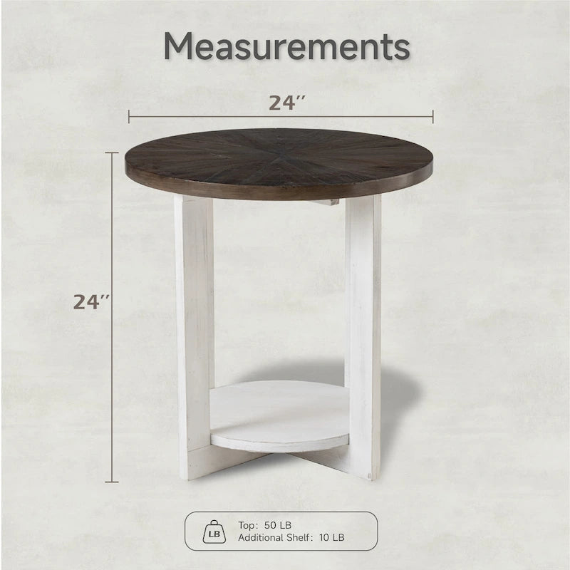 Table basse ronde / Table d'appoint avec étagère de rangement – Marron et blanc / Gris antique