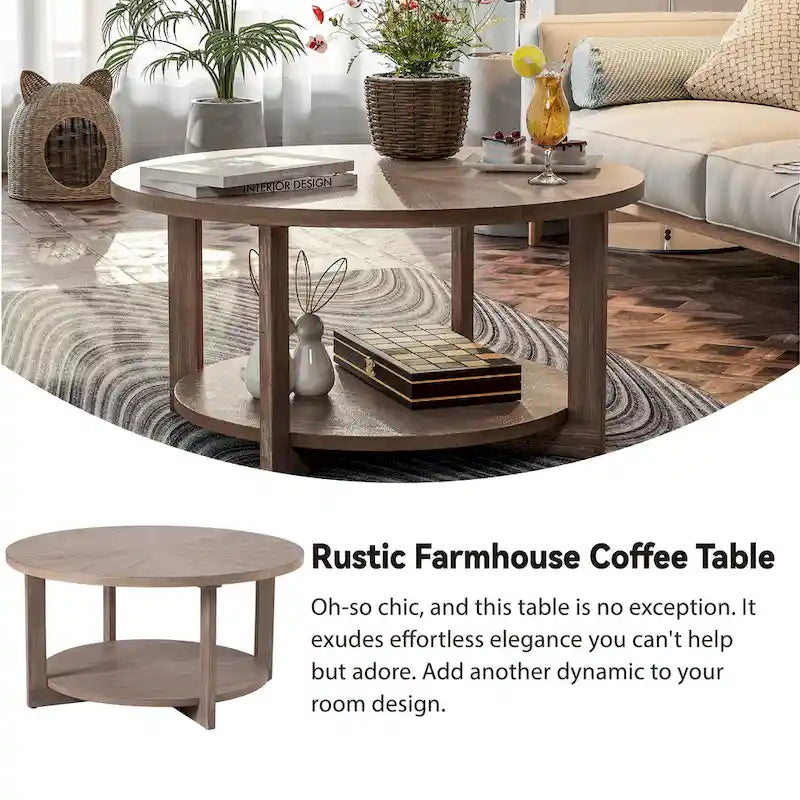 Table basse ronde / Table d'appoint avec étagère de rangement – Marron et blanc / Gris antique