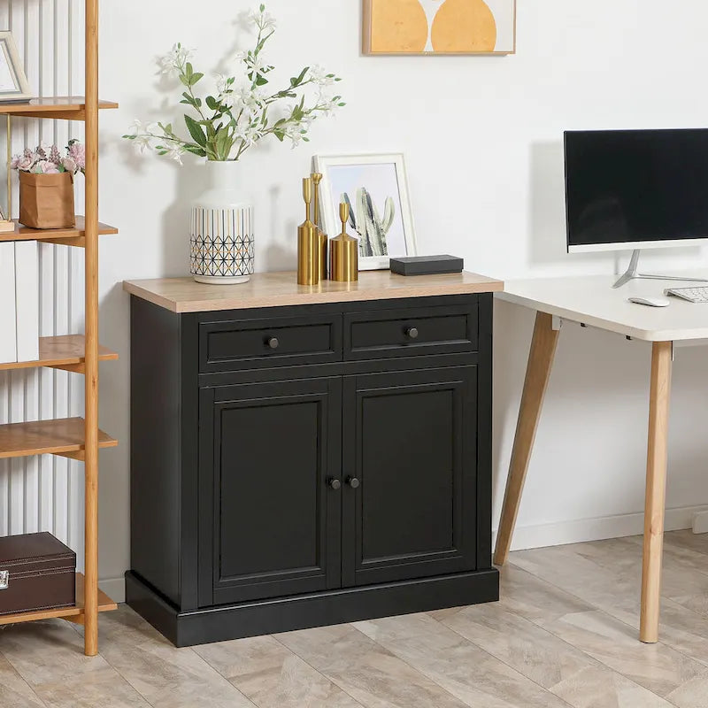 Bahut buffet avec 2 tiroirs et placard à double porte – Gris / Blanc / Noir