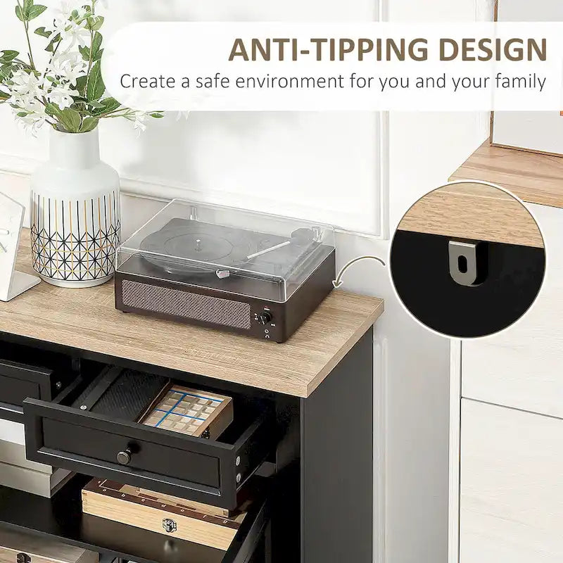 Bahut buffet avec 2 tiroirs et placard à double porte – Gris / Blanc / Noir