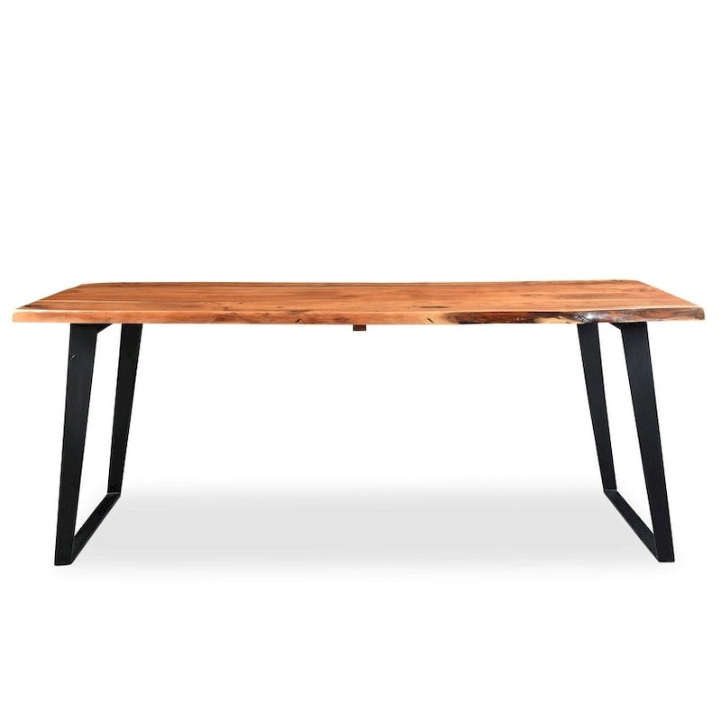 Table de salle à manger en bois d'acacia massif, bords naturels, avec pieds en acier inoxydable – Brun / Noir – 4-6 places