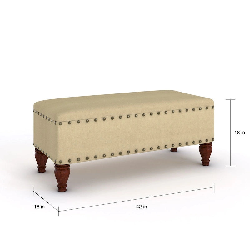 Banc de rangement capitonné avec garniture cloutée en bronze et pieds en bois – Beige / Damassé rouge et doré / Médaillon orange et crème / Tissé gris – 2-3 personnes