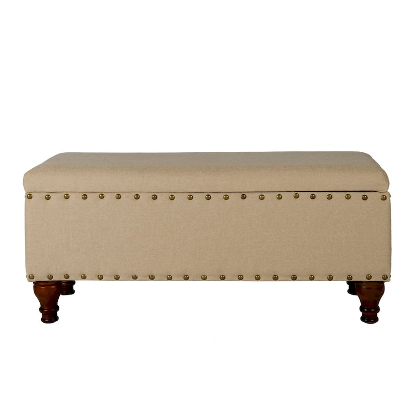 Banc de rangement capitonné avec garniture cloutée en bronze et pieds en bois – Beige / Damassé rouge et doré / Médaillon orange et crème / Tissé gris – 2-3 personnes