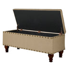 Banc de rangement capitonné avec garniture cloutée en bronze et pieds en bois – Beige / Damassé rouge et doré / Médaillon orange et crème / Tissé gris – 2-3 personnes