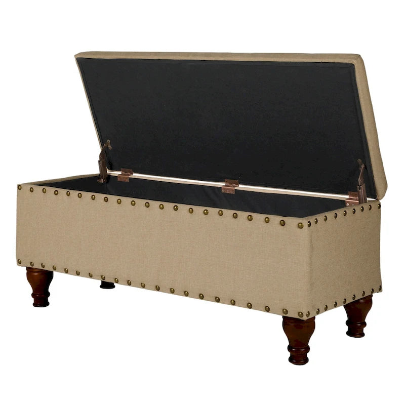 Banc de rangement capitonné avec garniture cloutée en bronze et pieds en bois – Beige / Damassé rouge et doré / Médaillon orange et crème / Tissé gris – 2-3 personnes