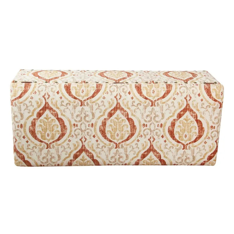 Banc de rangement capitonné avec garniture cloutée en bronze et pieds en bois – Beige / Damassé rouge et doré / Médaillon orange et crème / Tissé gris – 2-3 personnes
