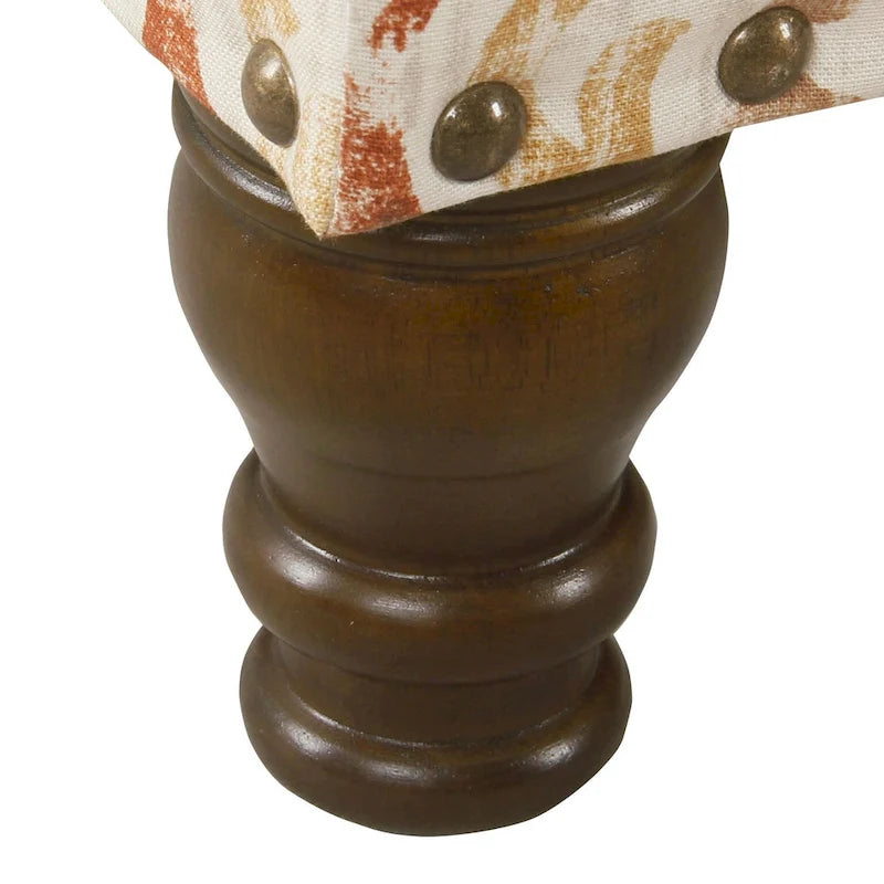 Banc de rangement capitonné avec garniture cloutée en bronze et pieds en bois – Beige / Damassé rouge et doré / Médaillon orange et crème / Tissé gris – 2-3 personnes