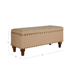 Banc de rangement capitonné avec garniture cloutée en bronze et pieds en bois – Beige / Damassé rouge et doré / Médaillon orange et crème / Tissé gris – 2-3 personnes