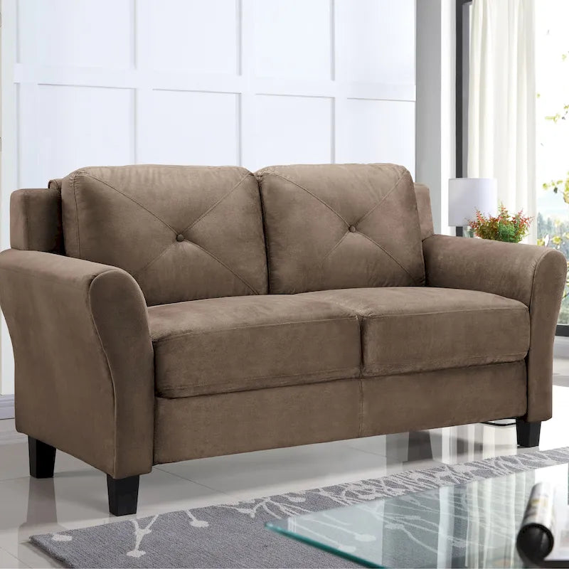 Causeuse touffetée en microfibre avec accoudoirs incurvés – Noir / Marron / Gris / Bleu / Beige – 2 places