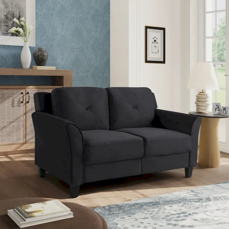 Causeuse touffetée en microfibre avec accoudoirs incurvés – Noir / Marron / Gris / Bleu / Beige – 2 places