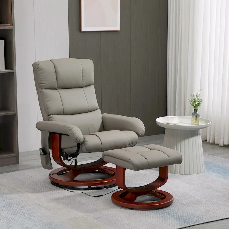 Electric PU Leather Recliner Chair with Ottoman & 10-Point Massage – Grey / Black / Brown / Cream – 1-Seater