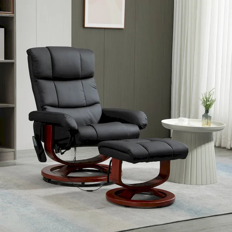 Electric PU Leather Recliner Chair with Ottoman & 10-Point Massage – Grey / Black / Brown / Cream – 1-Seater