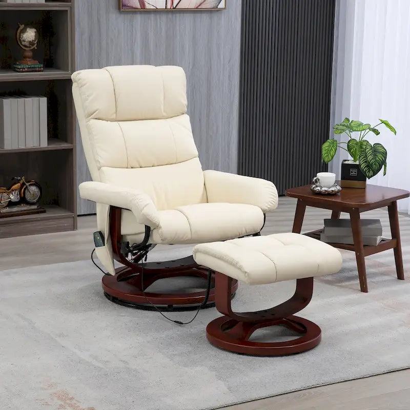 Electric PU Leather Recliner Chair with Ottoman & 10-Point Massage – Grey / Black / Brown / Cream – 1-Seater