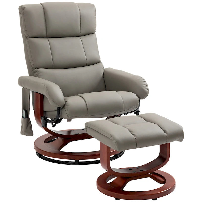 Electric PU Leather Recliner Chair with Ottoman & 10-Point Massage – Grey / Black / Brown / Cream – 1-Seater