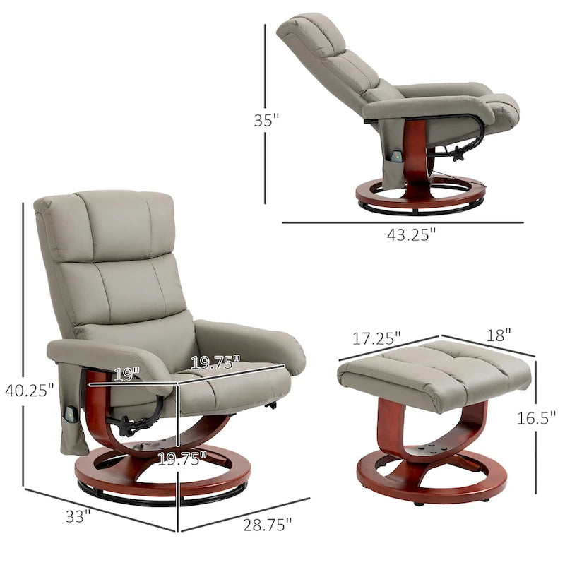 Electric PU Leather Recliner Chair with Ottoman & 10-Point Massage – Grey / Black / Brown / Cream – 1-Seater