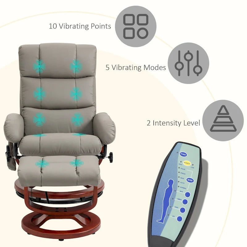 Electric PU Leather Recliner Chair with Ottoman & 10-Point Massage – Grey / Black / Brown / Cream – 1-Seater