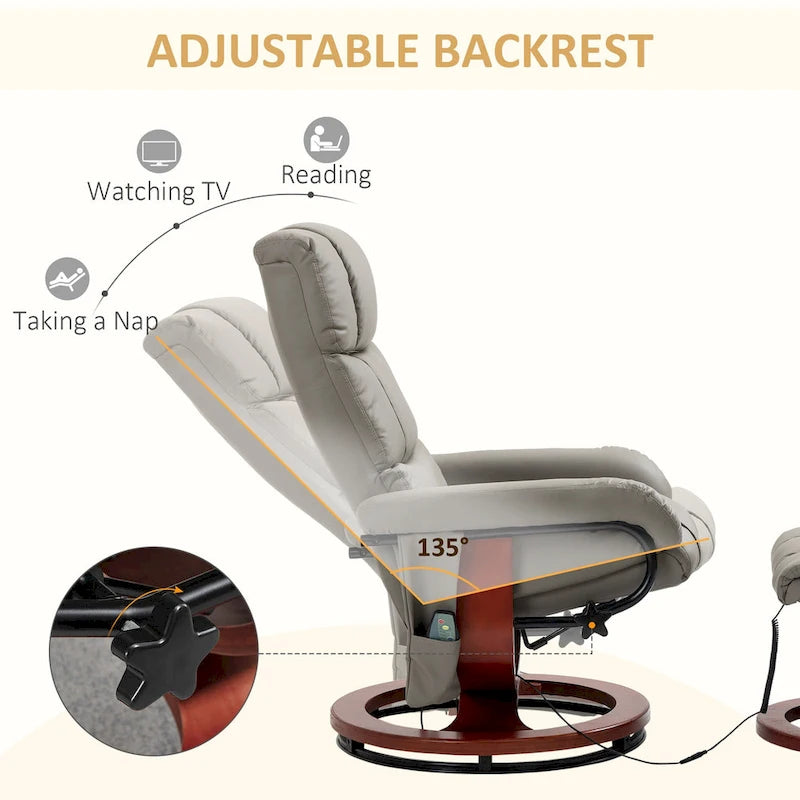 Electric PU Leather Recliner Chair with Ottoman & 10-Point Massage – Grey / Black / Brown / Cream – 1-Seater
