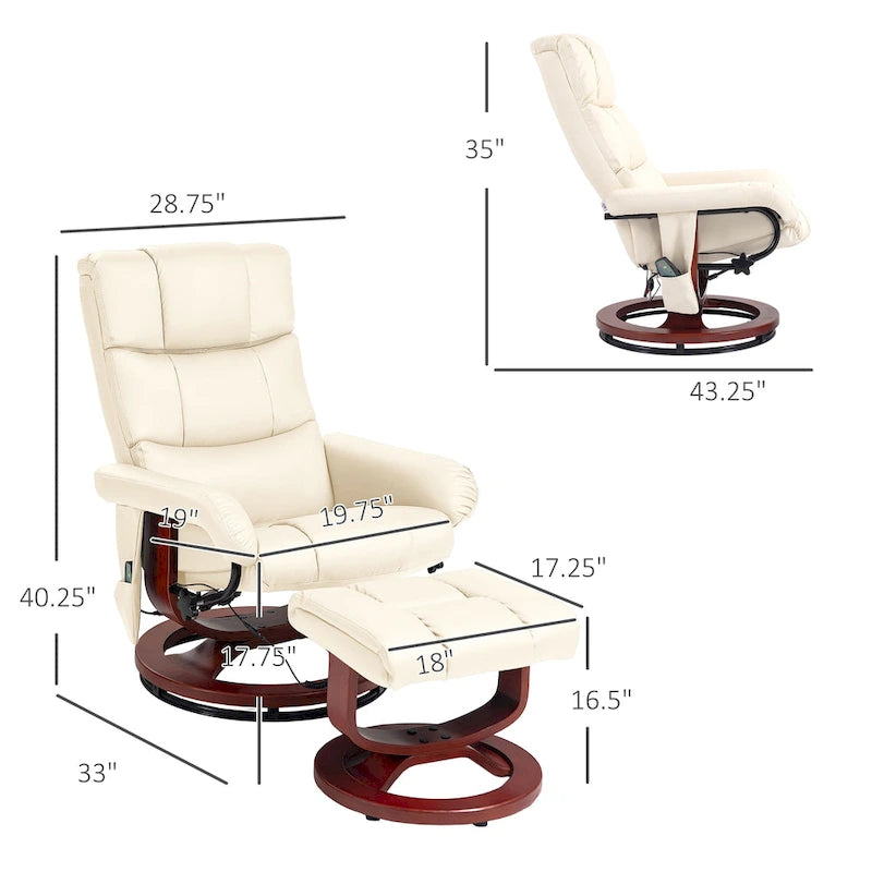 Fauteuil inclinable électrique en cuir synthétique avec ottoman et massage 10 points – Gris / Noir / Marron / Crème – 1 place