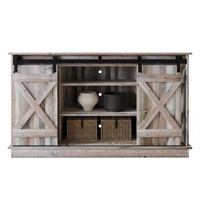 Meuble TV console vintage en X avec portes coulissantes façon grange et étagères ouvertes – Chêne naturel / Blanc / Gris clair / Marron / Chêne clair Sanremo / Gris foncé / Noyer