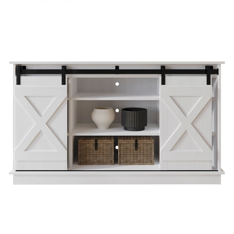 Meuble TV console vintage en X avec portes coulissantes façon grange et étagères ouvertes – Chêne naturel / Blanc / Gris clair / Marron / Chêne clair Sanremo / Gris foncé / Noyer